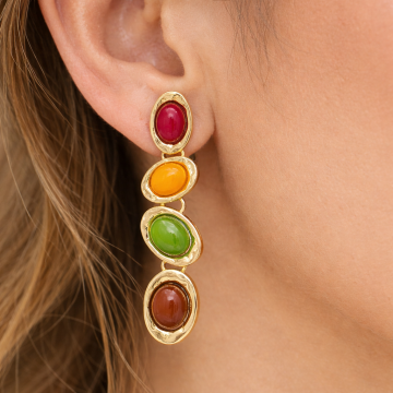 Renkli Taşlı Gold Uzun Sallantılı Küpe