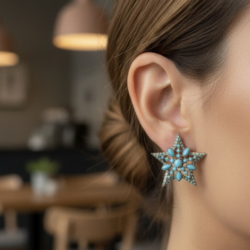 Mavi Mineli Tasarım Yıldız Bronz Küpe