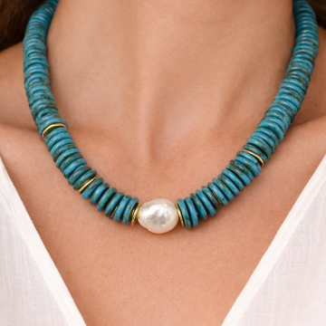 Bohem Stil Turkuaz Taşlı Barok İnci Kolye